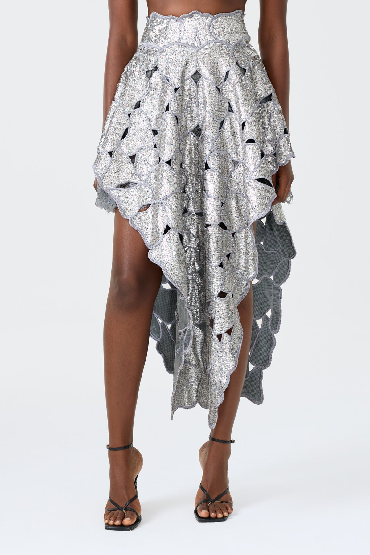 ZAYA SILVER sequinned embroidered skirt with lace slip, further view