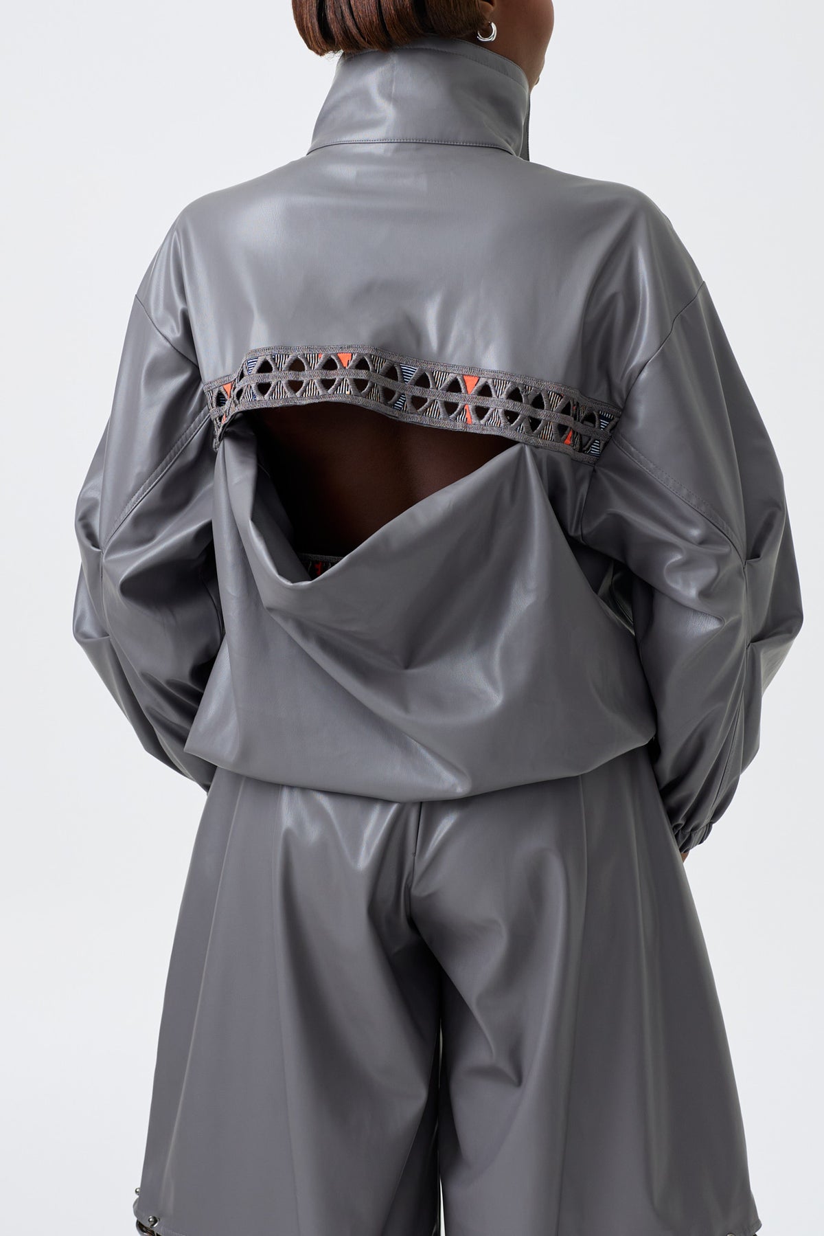 RENEE GREY long sleeve vegan leather bomber jacket with cut-out back detail, alternate view