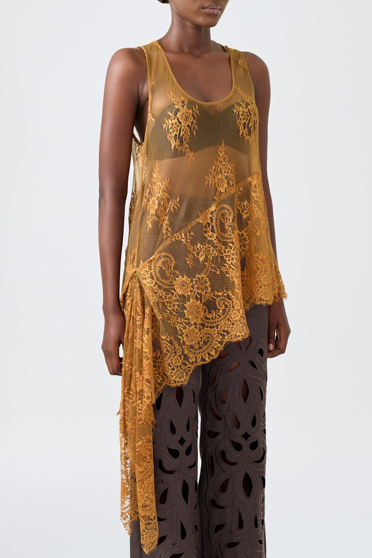 NALA sleeveless chantilly lace side drape tank top