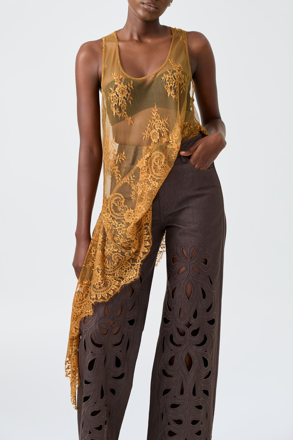 NALA sleeveless chantilly lace side drape tank top, further view
