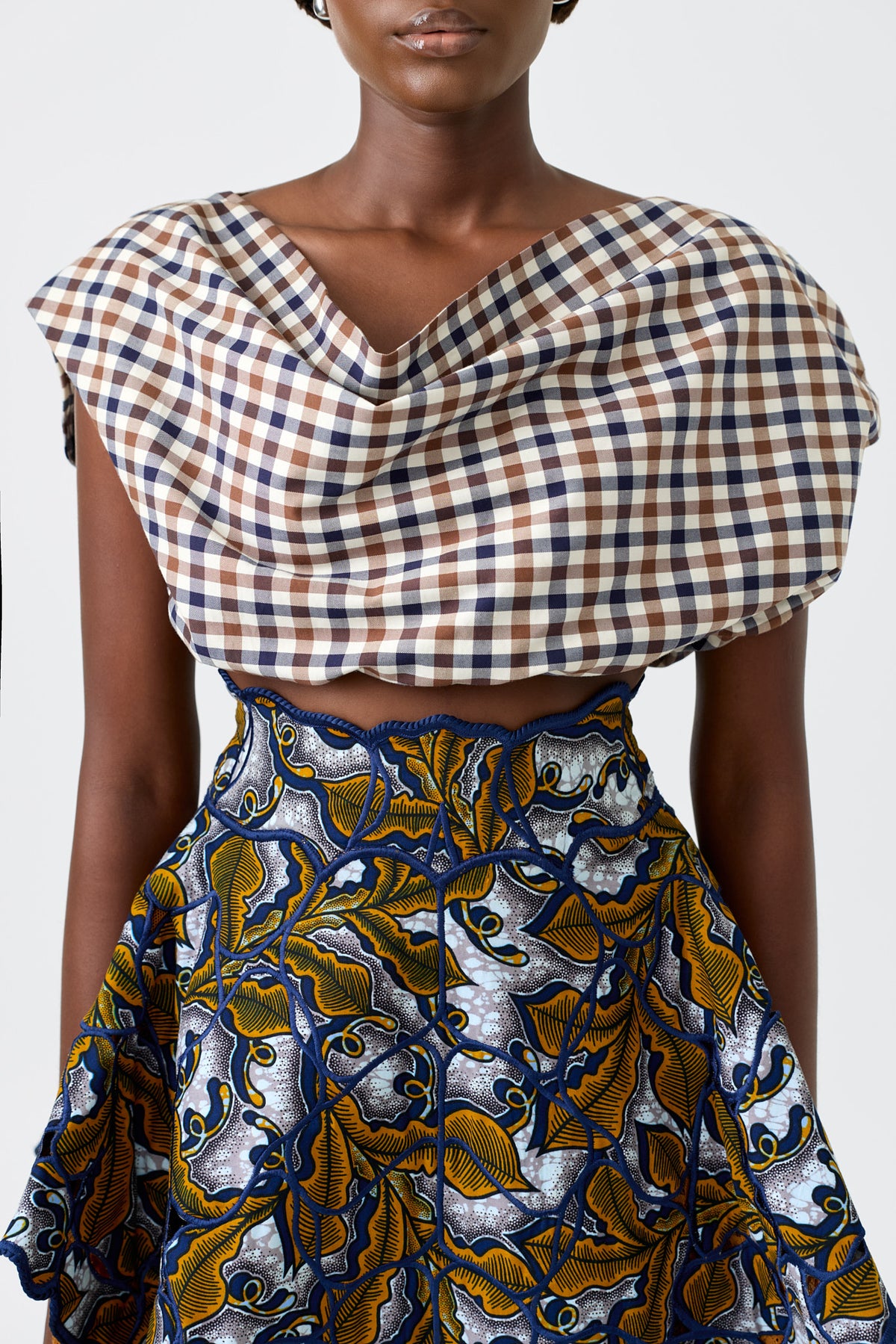 FLORA extended sleeve gingham crop blouse with wax print embroidered detail