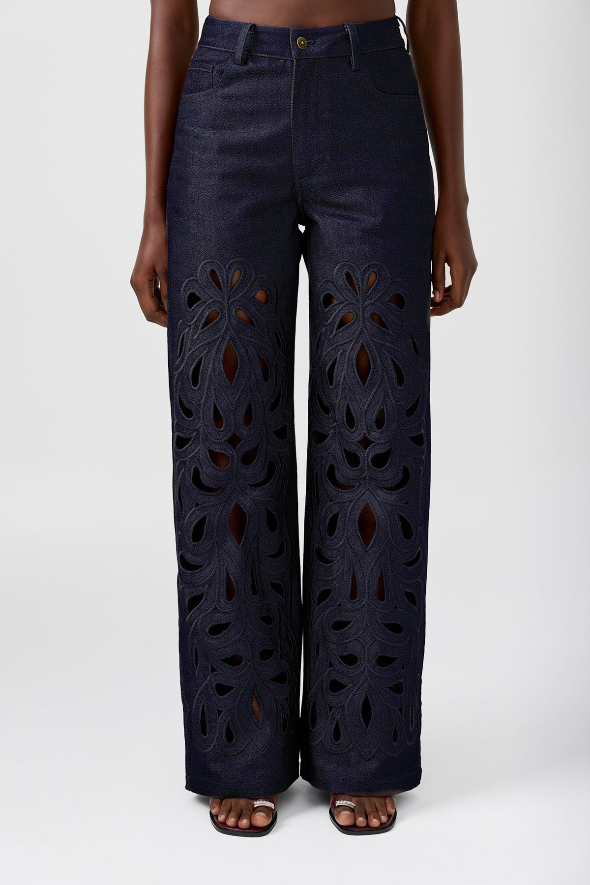 AYO BLUE straight leg pant with embroidery cut-out detail