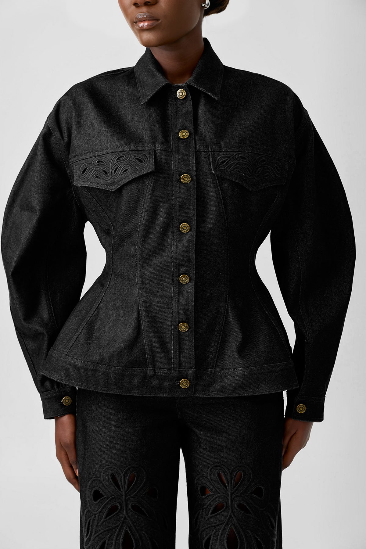 ARA BLACK long sleeve denim jacket with hand embroidered detail