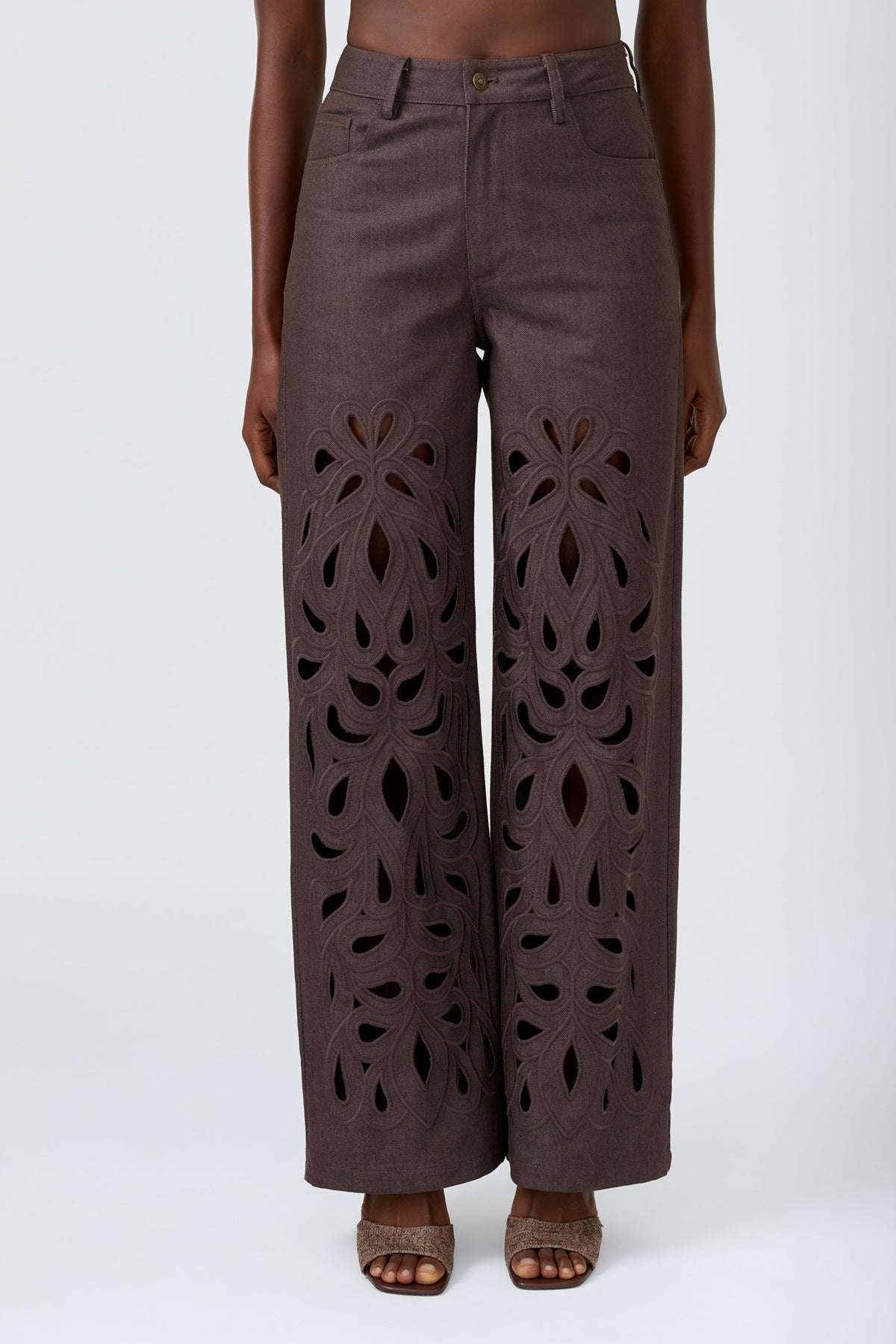 AYO CHOCOLATE straight leg pant with embroidery cut-out detail, detail view