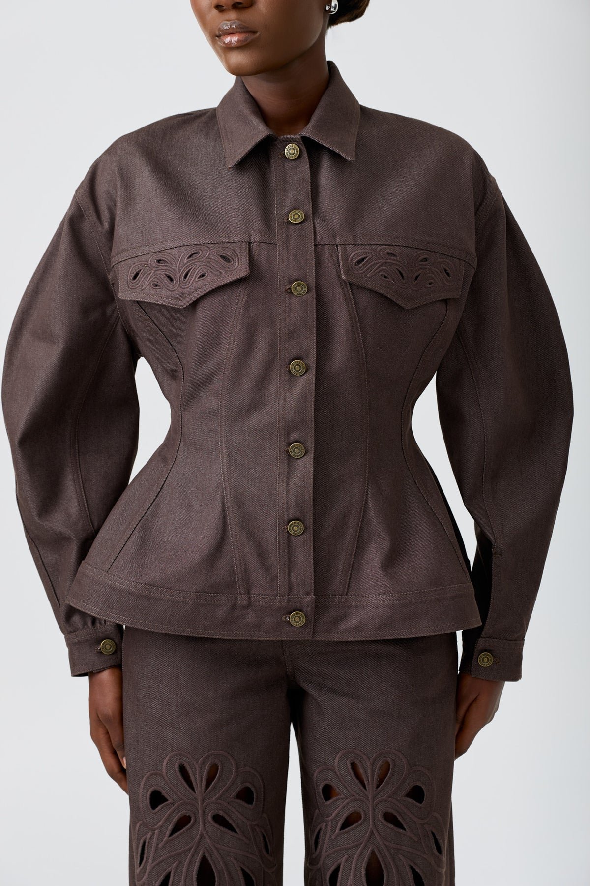 ARA CHOCOLATE long sleeve denim jacket with hand embroidered detail