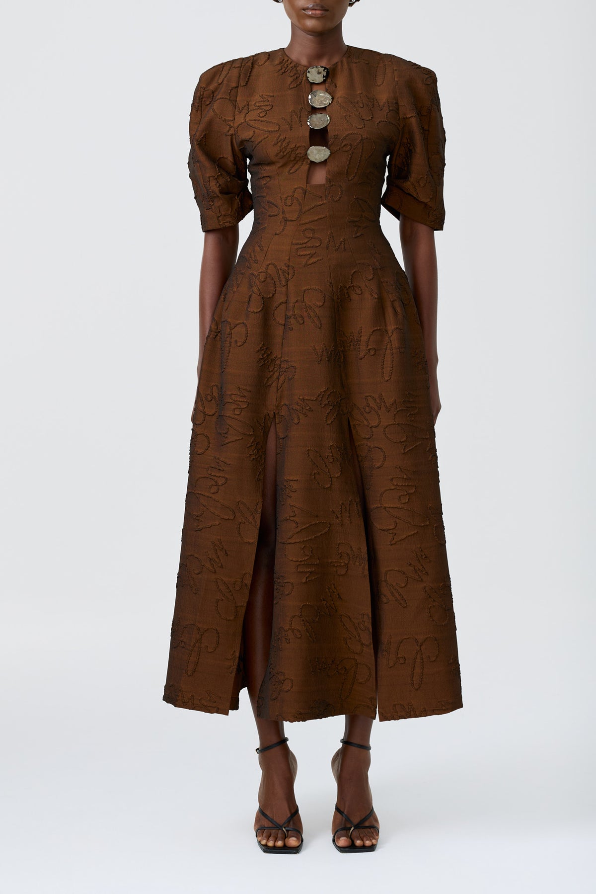 ZAIDA short-sleeved A-line signature jacquard dress with hardware closure detail
