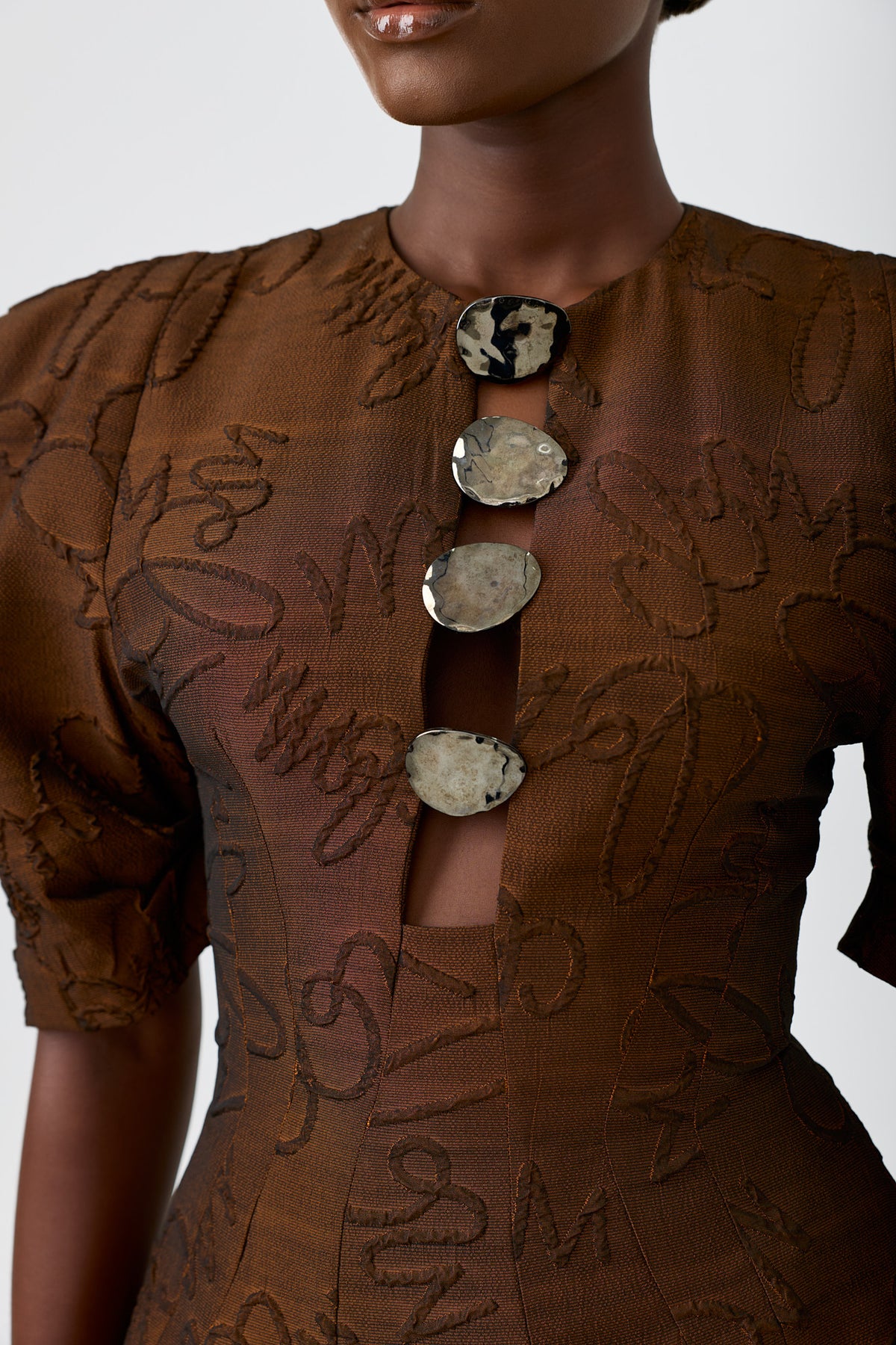 ZAIDA short-sleeved A-line signature jacquard dress with hardware closure detail, alternate view