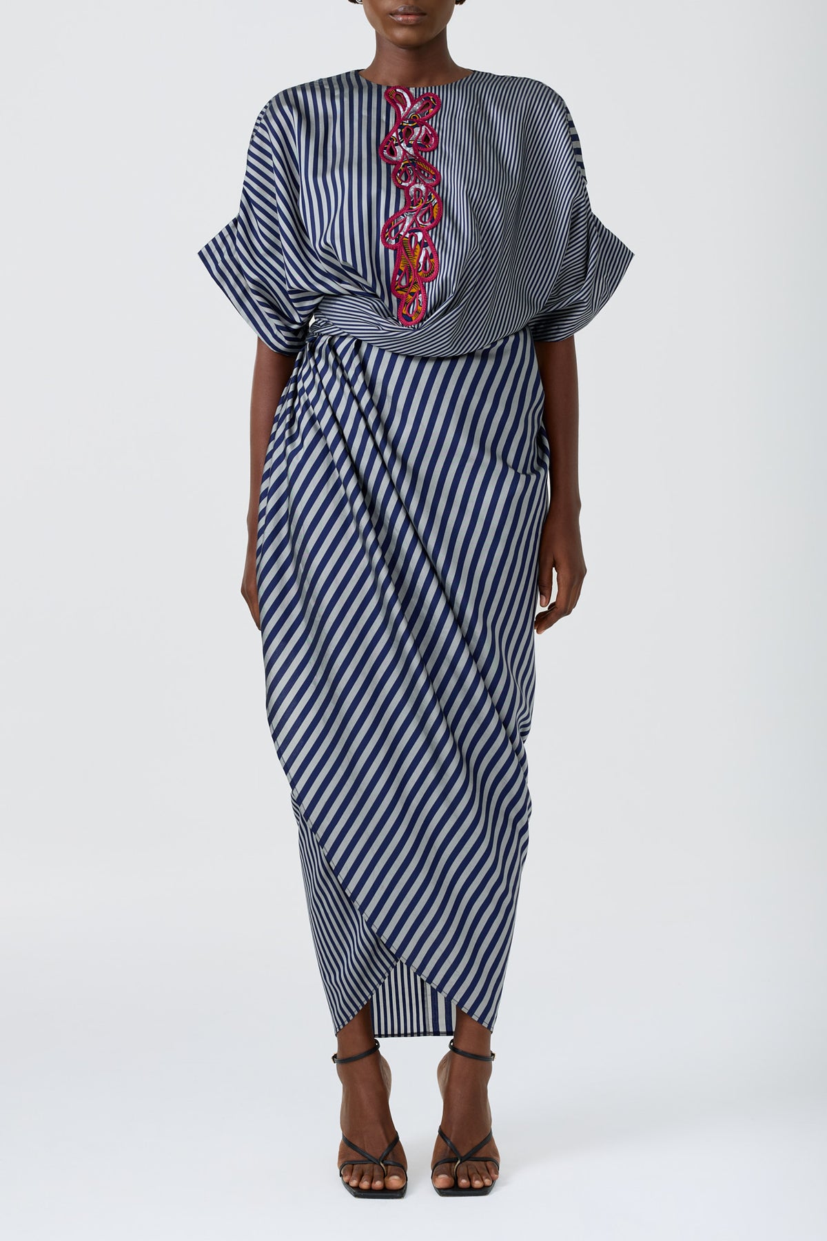 FLEUR STRIPE extended sleeve wrap dress with embroidery detail