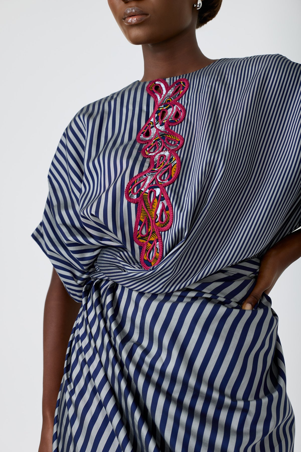 FLEUR STRIPE extended sleeve wrap dress with embroidery detail, alternate view