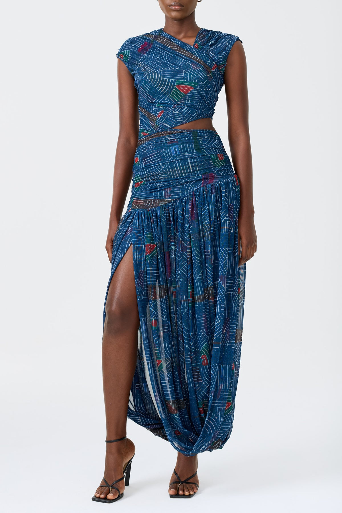 INES BLUE ruched printed tulle dress with a side cut-out waist and draped detail