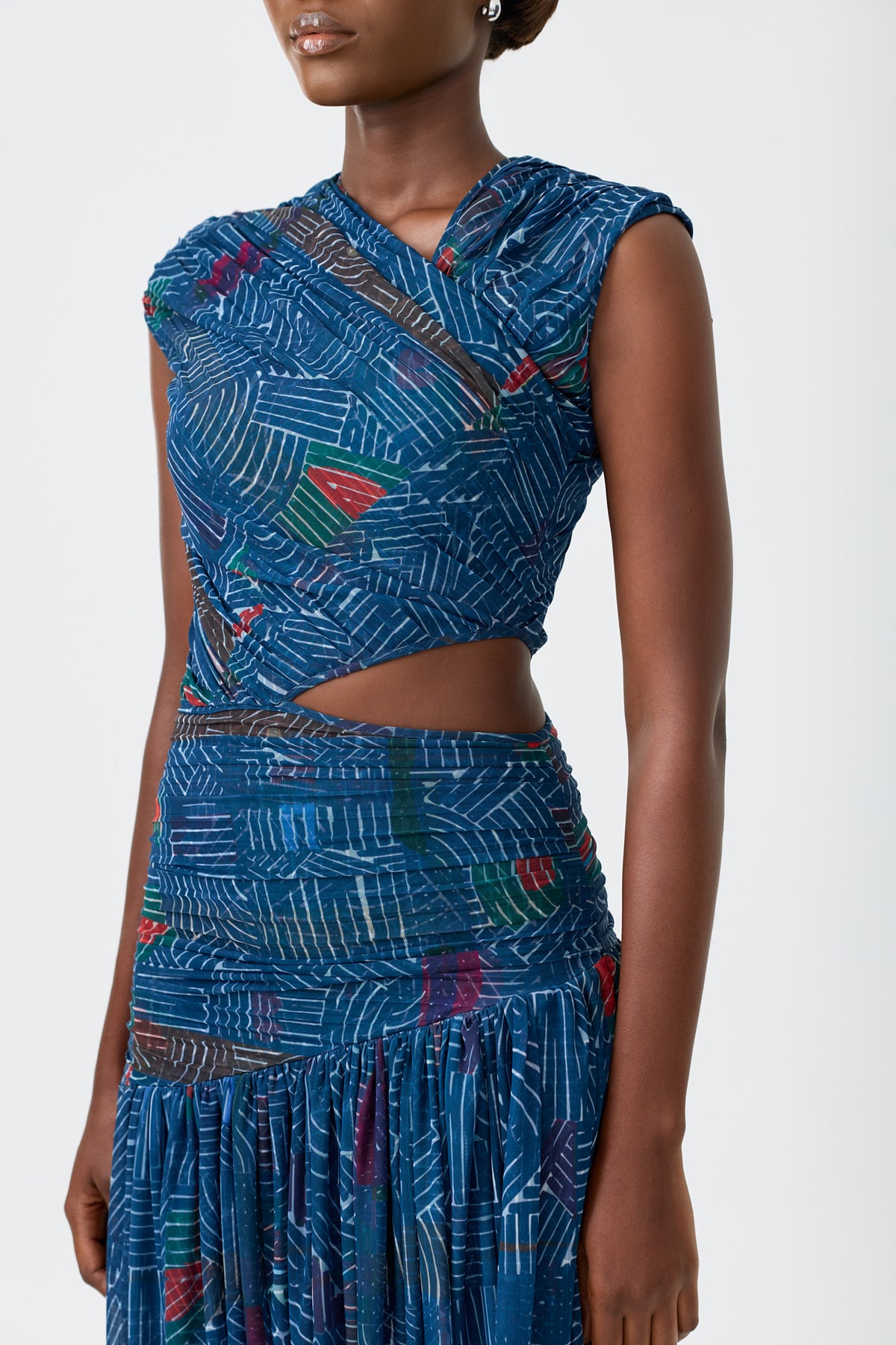 INES BLUE ruched printed tulle dress with a side cut-out waist and draped detail, alternate view