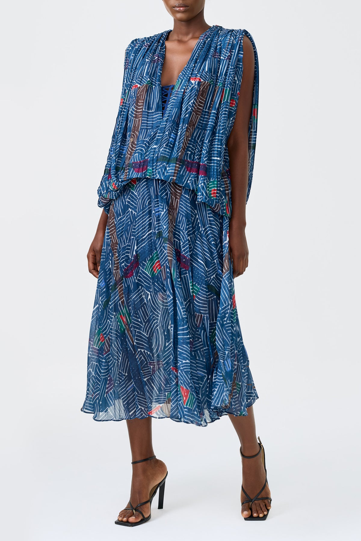 SHONA printed chiffon draped midi dress with embroidery detail