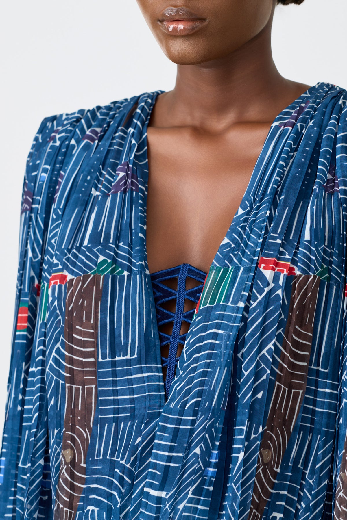 SHONA printed chiffon draped midi dress with embroidery detail, alternate view