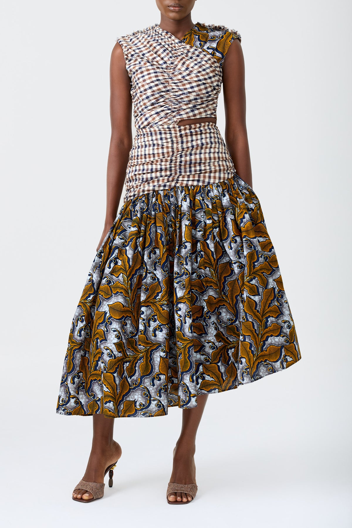 YARA ruched asymmetric plaid and wax print dress with side cut out detail