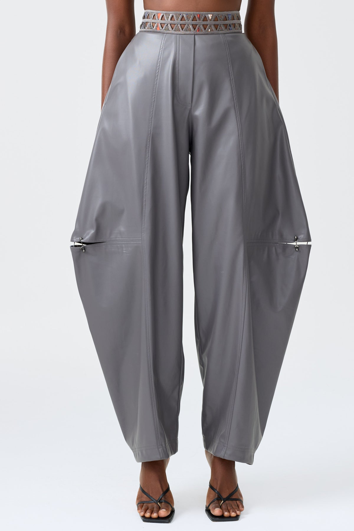 NORA vegan leather barrel pant with wax print waistband detail, alternate view