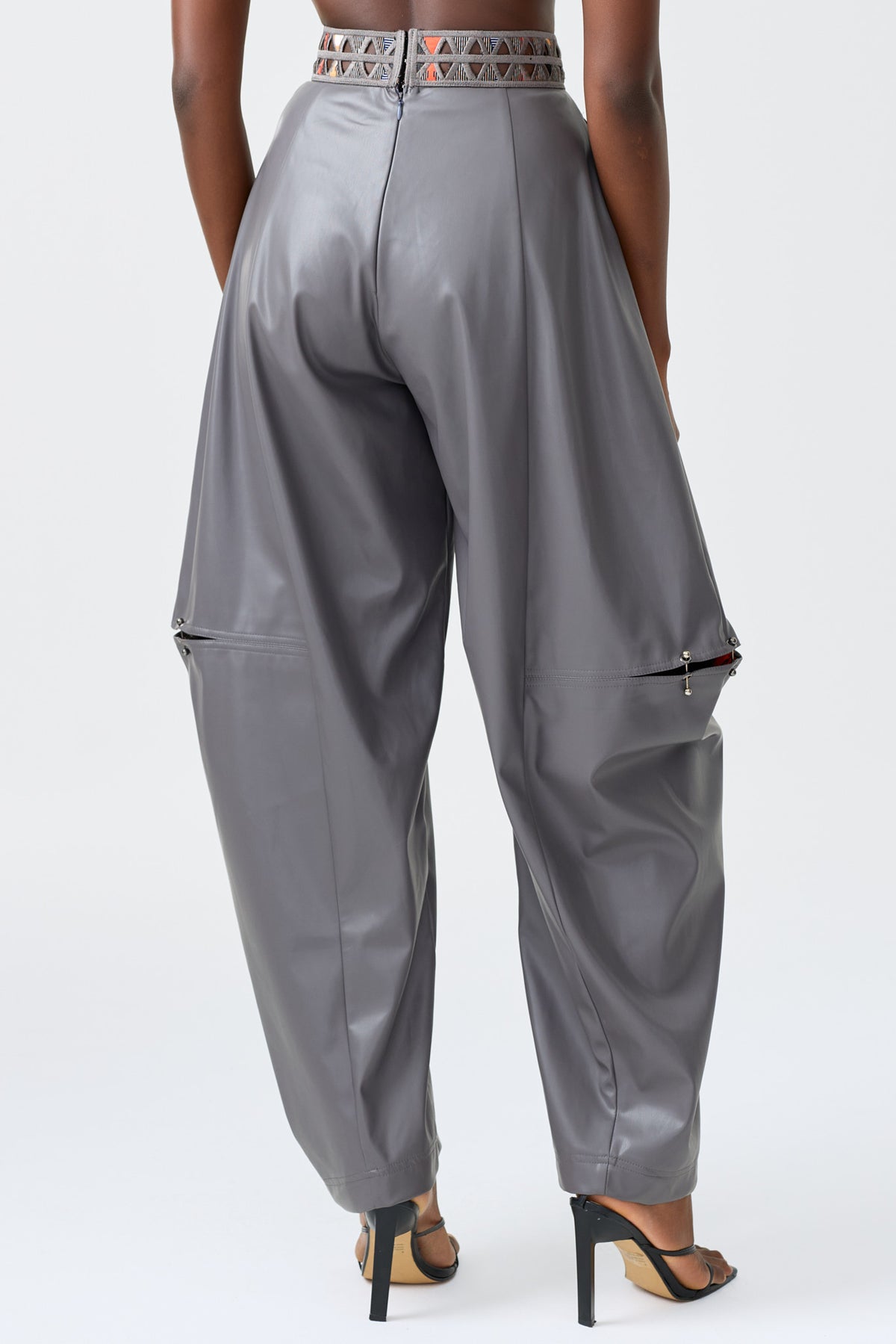 NORA vegan leather barrel pant with wax print waistband detail, further view