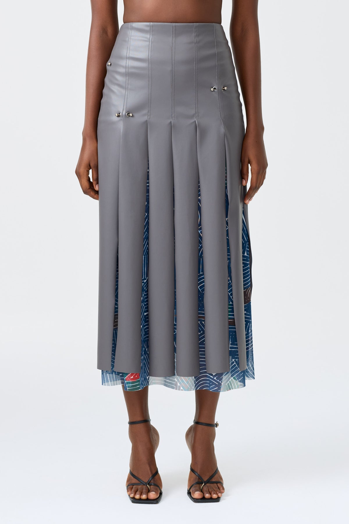 ZOHRA grey vegan leather panel skirt with printed mesh, further view