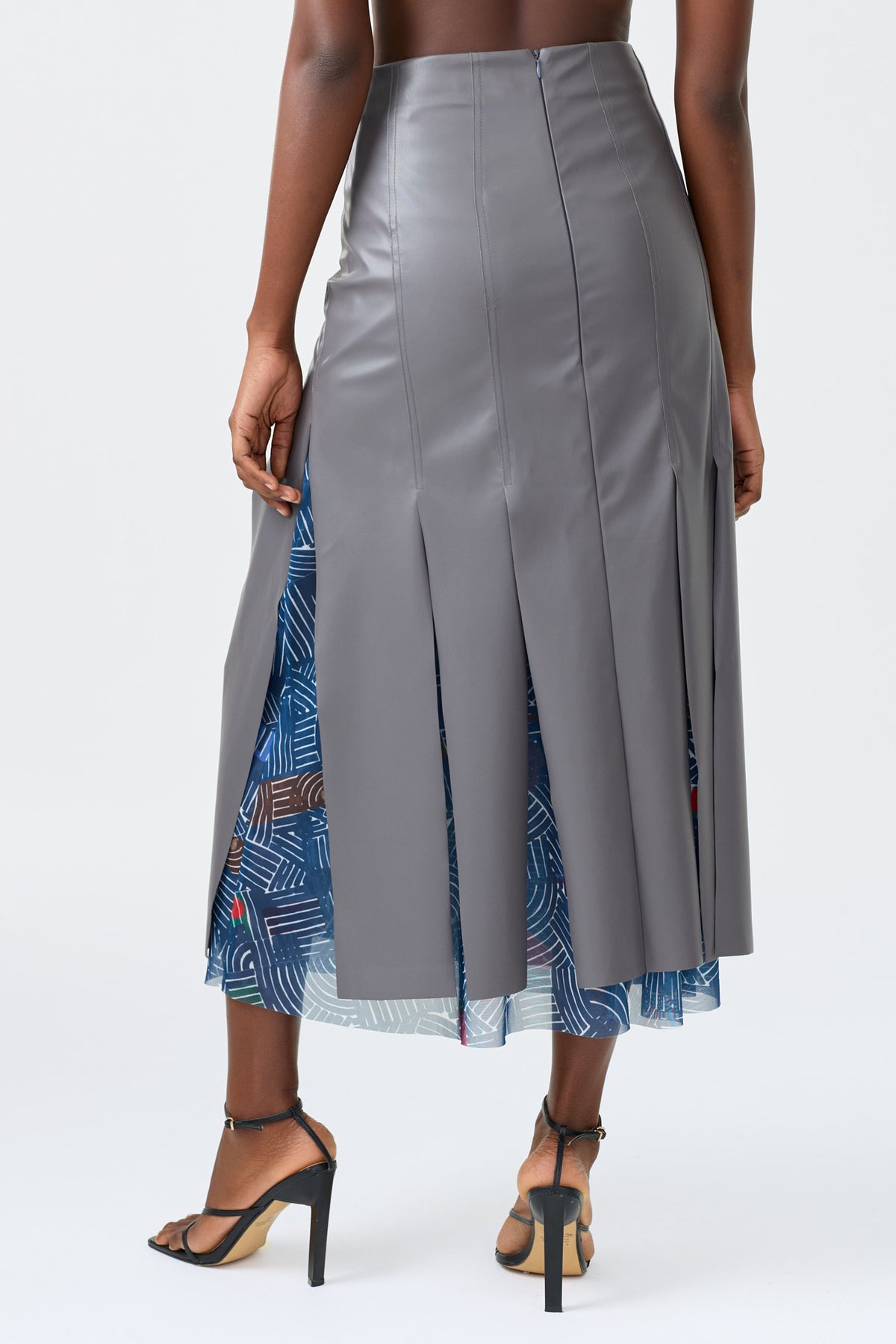 ZOHRA grey vegan leather panel skirt with printed mesh, alternate view