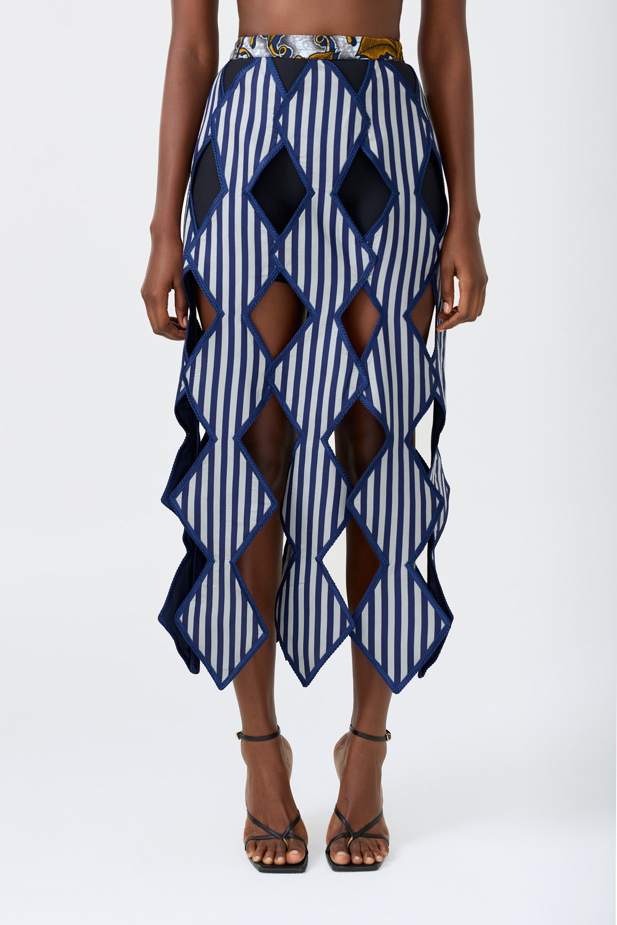 YEMI STRIPE blue stripe hand embroidered cut out skirt, further view
