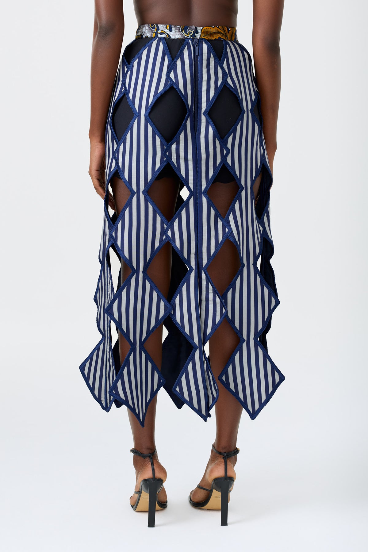YEMI STRIPE blue stripe hand embroidered cut out skirt