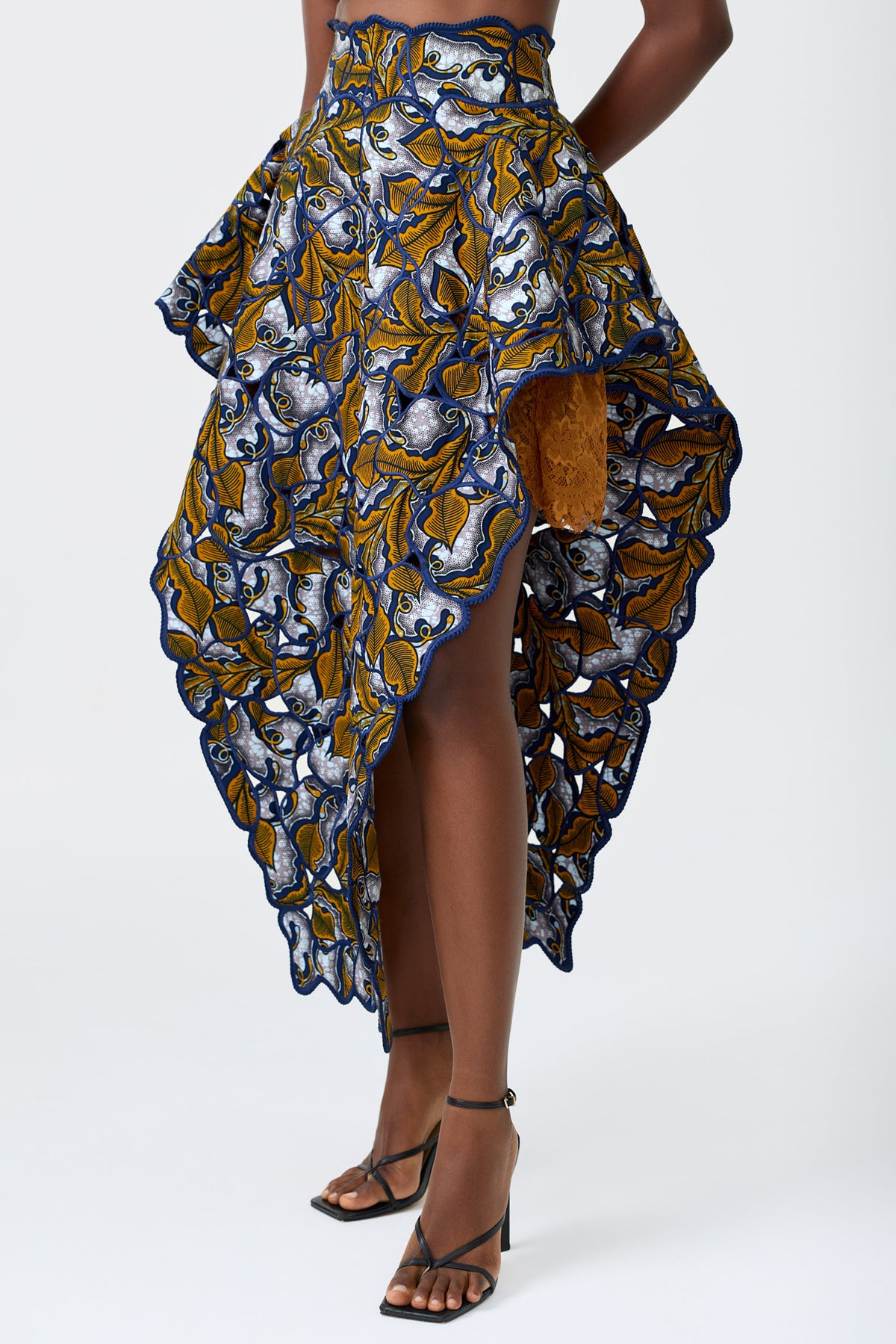 ZAYA PRINT wax print hand embroidered skirt with lace slip, alternate view
