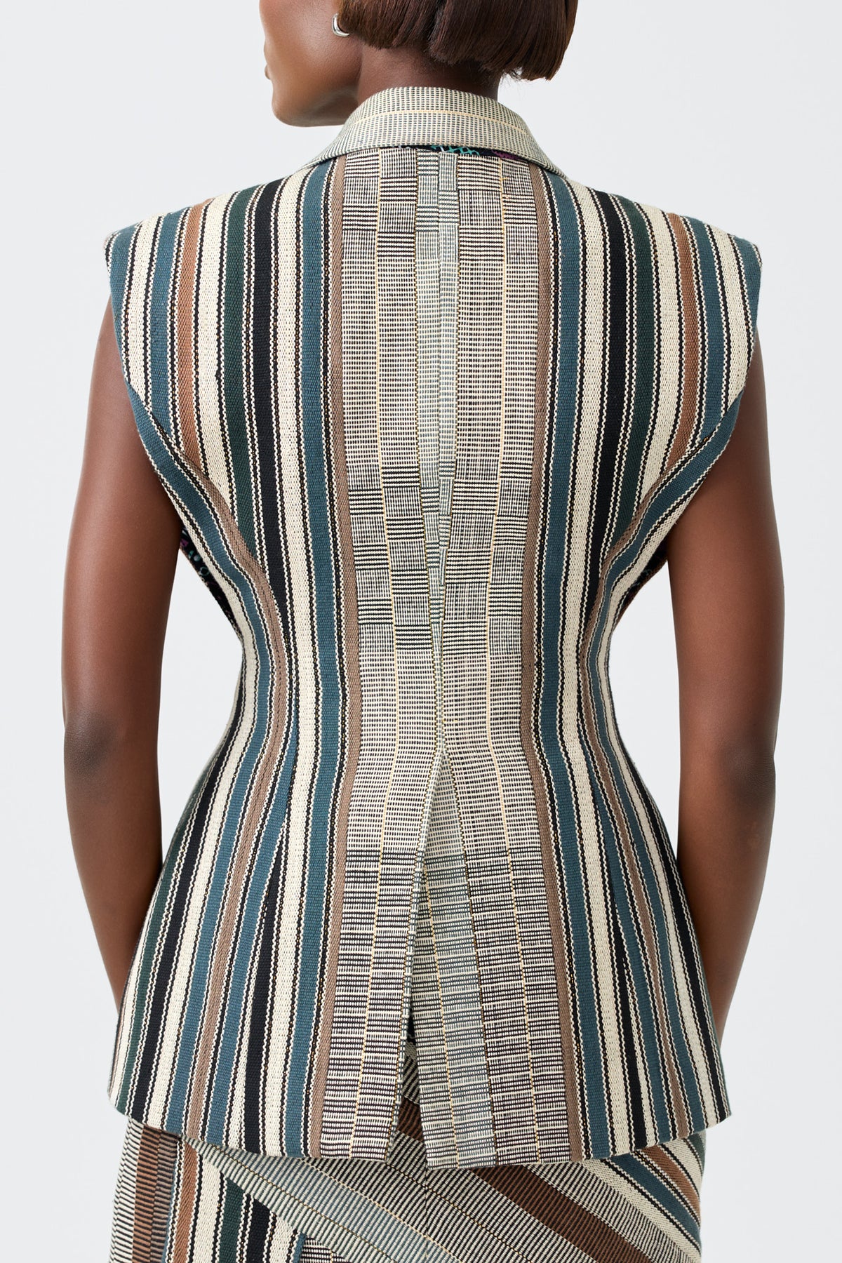 SERAFINA sleeveless kente blazer with contrast vegan leather lapel, alternate view