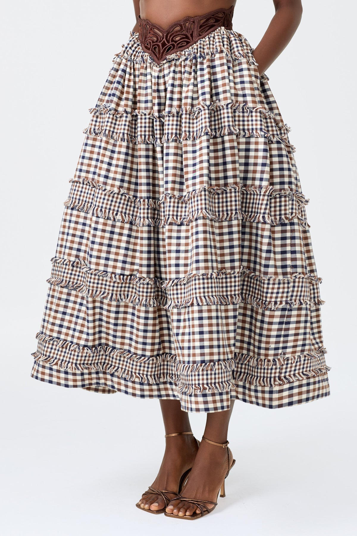 LEENA plaid full skirt with contrast embroidered waistband detail