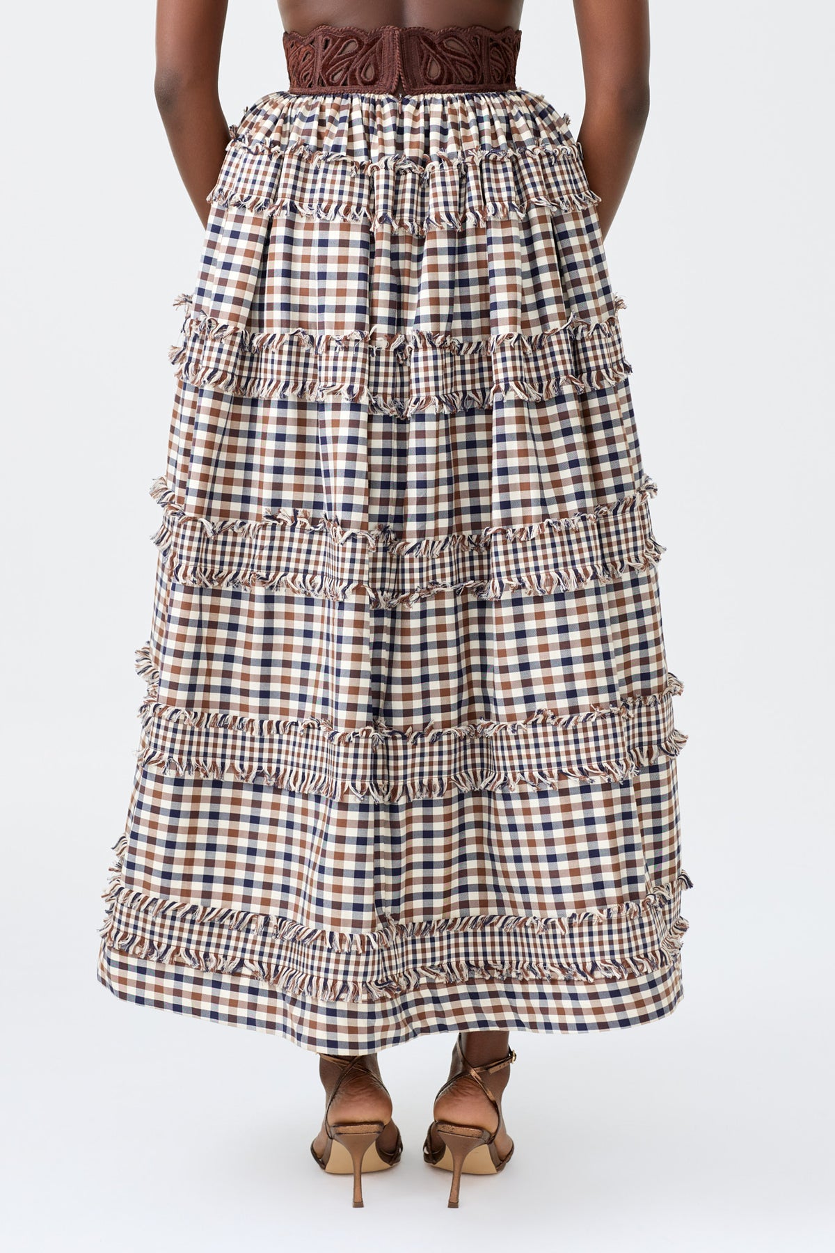 LEENA plaid full skirt with contrast embroidered waistband detail, alternate view