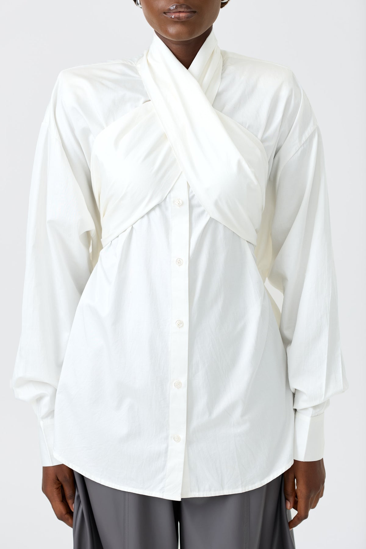 PRIYA WHITE long sleeve shirt with a crossover tie detail