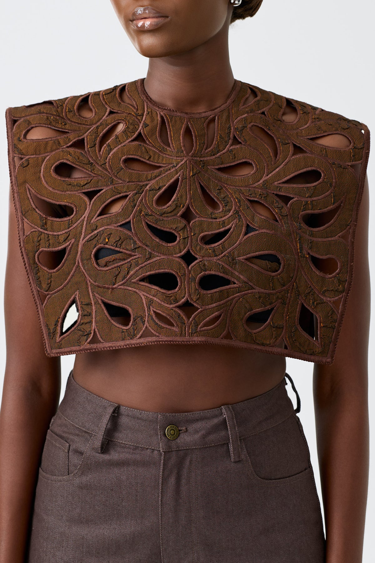AMALA BROWN brown signature jacquard hand embroidered cape