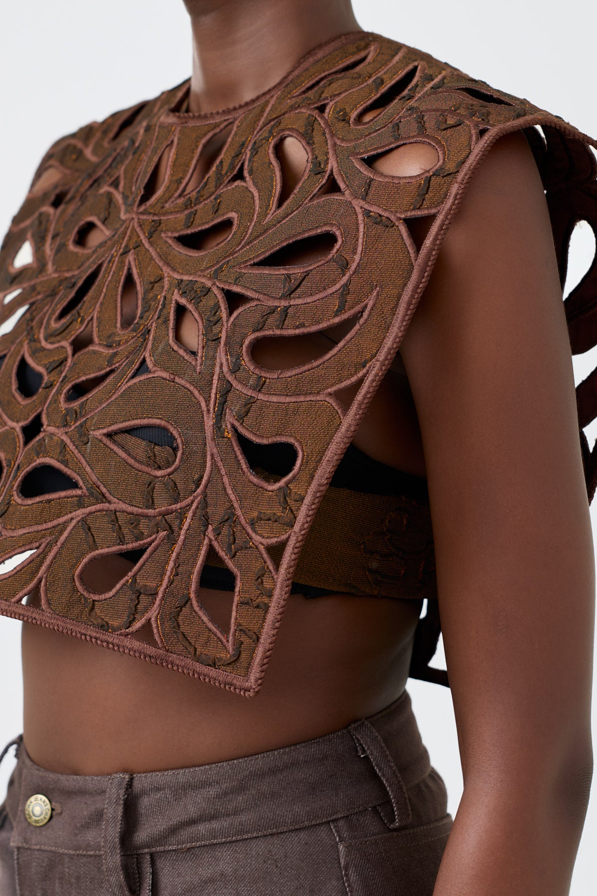 AMALA BROWN brown signature jacquard hand embroidered cape, alternate view