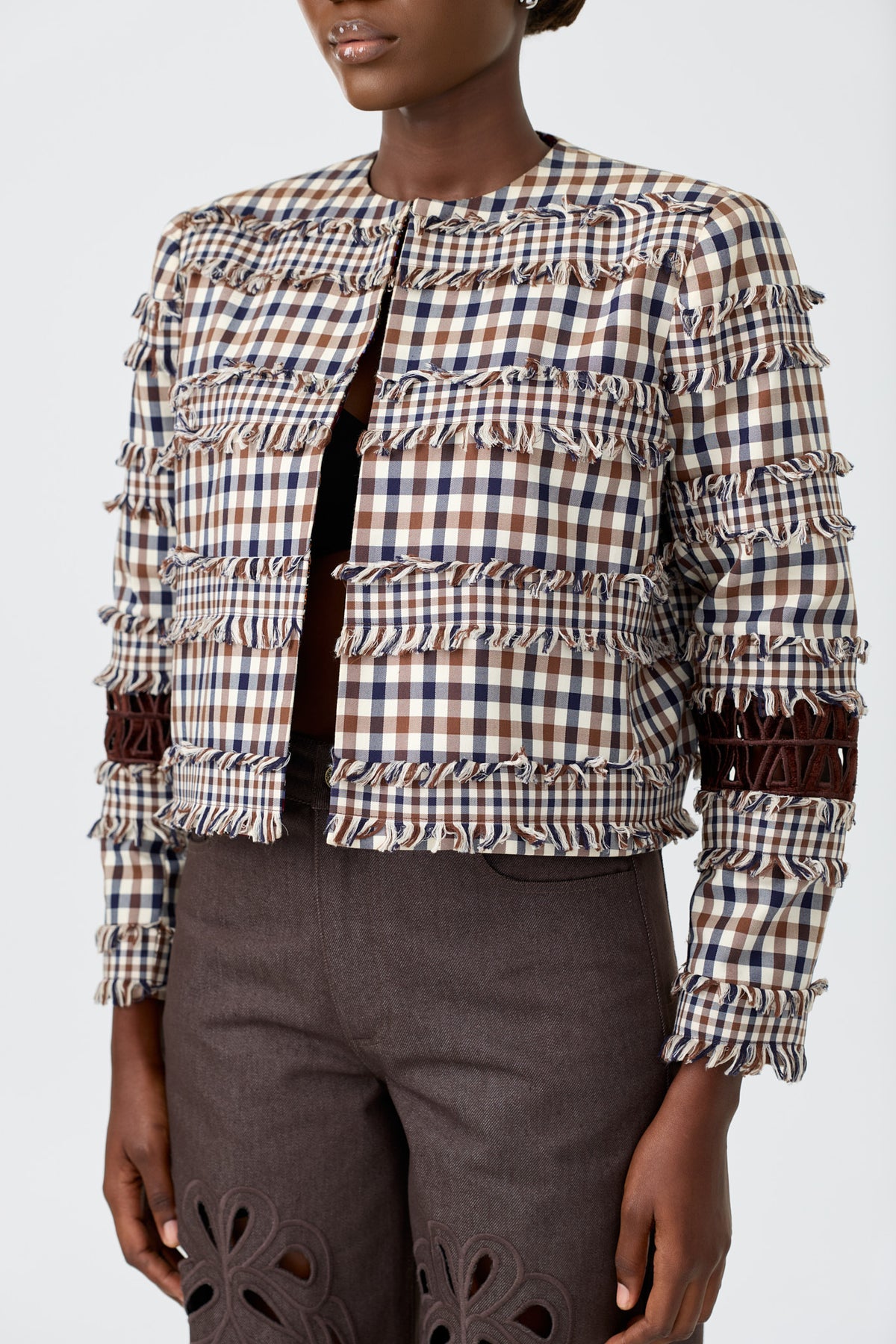 CORAL long sleeve plaid boxy jacket with embroidery detail