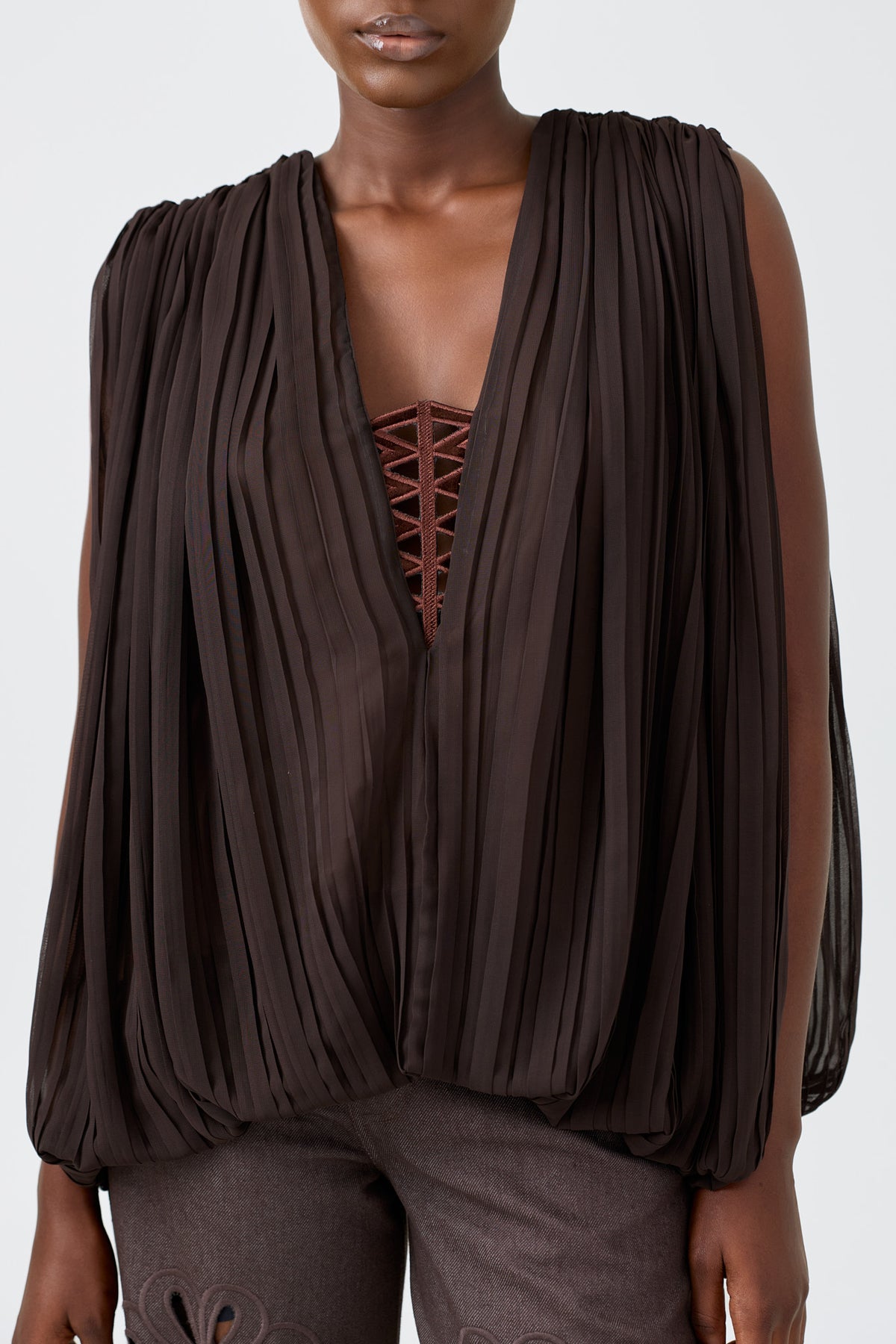 MIRA sleeveless pleated chiffon blouse with hand embroidery detail