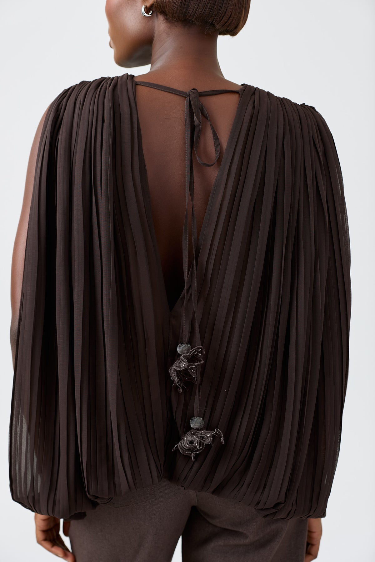 MIRA sleeveless pleated chiffon blouse with hand embroidery detail, alternate view