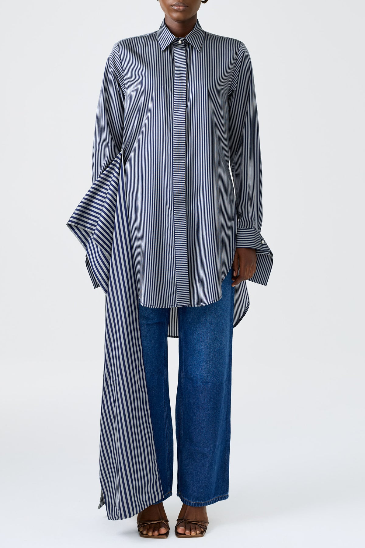 ROSA long sleeve striped button-down shirt with side draped wrap detail, further view