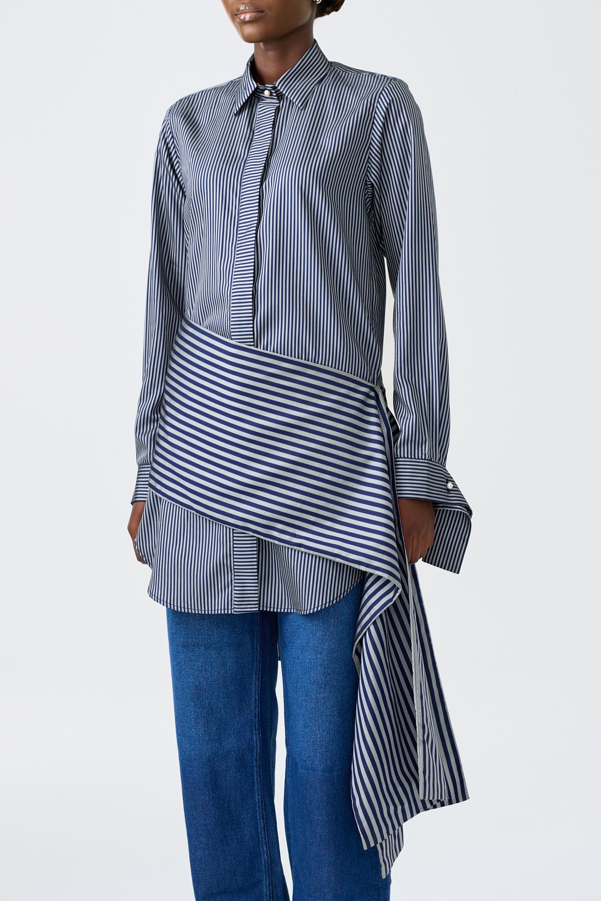 ROSA long sleeve striped button-down shirt with side draped wrap detail