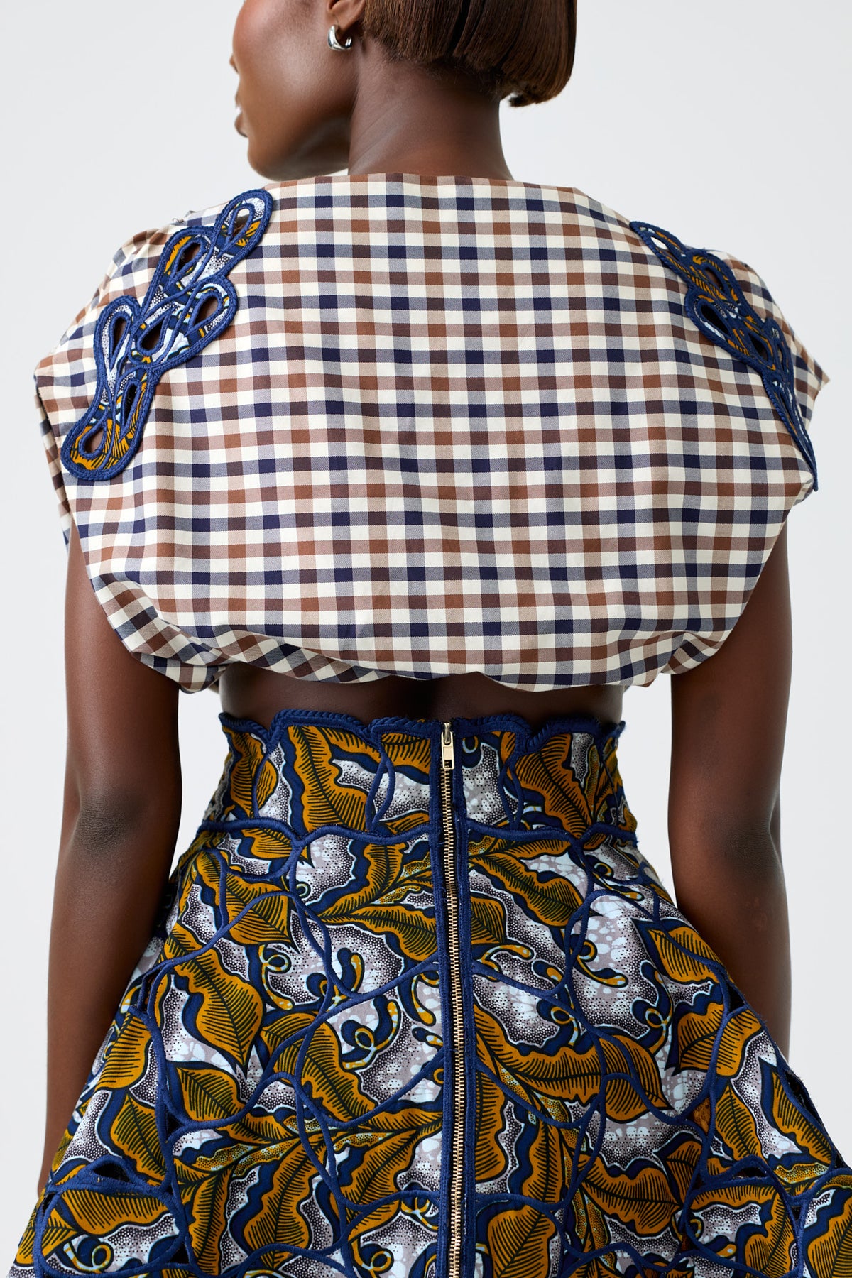FLORA extended sleeve gingham crop blouse with wax print embroidered detail, alternate view