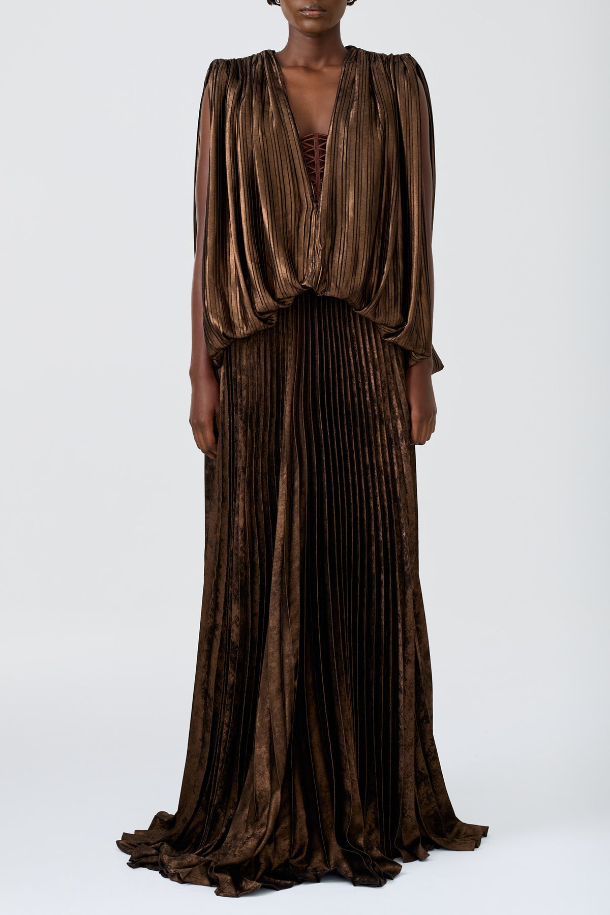 PLISSE metallic pleated maxi dress with embroidery insert