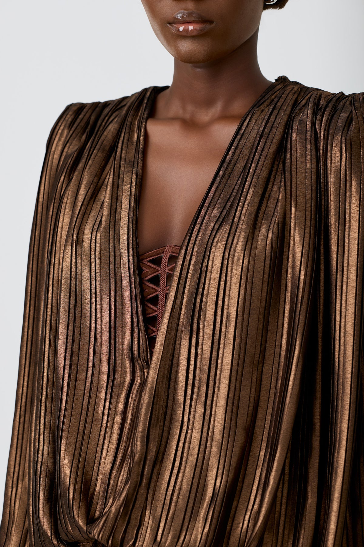 PLISSE metallic pleated maxi dress with embroidery insert, further view
