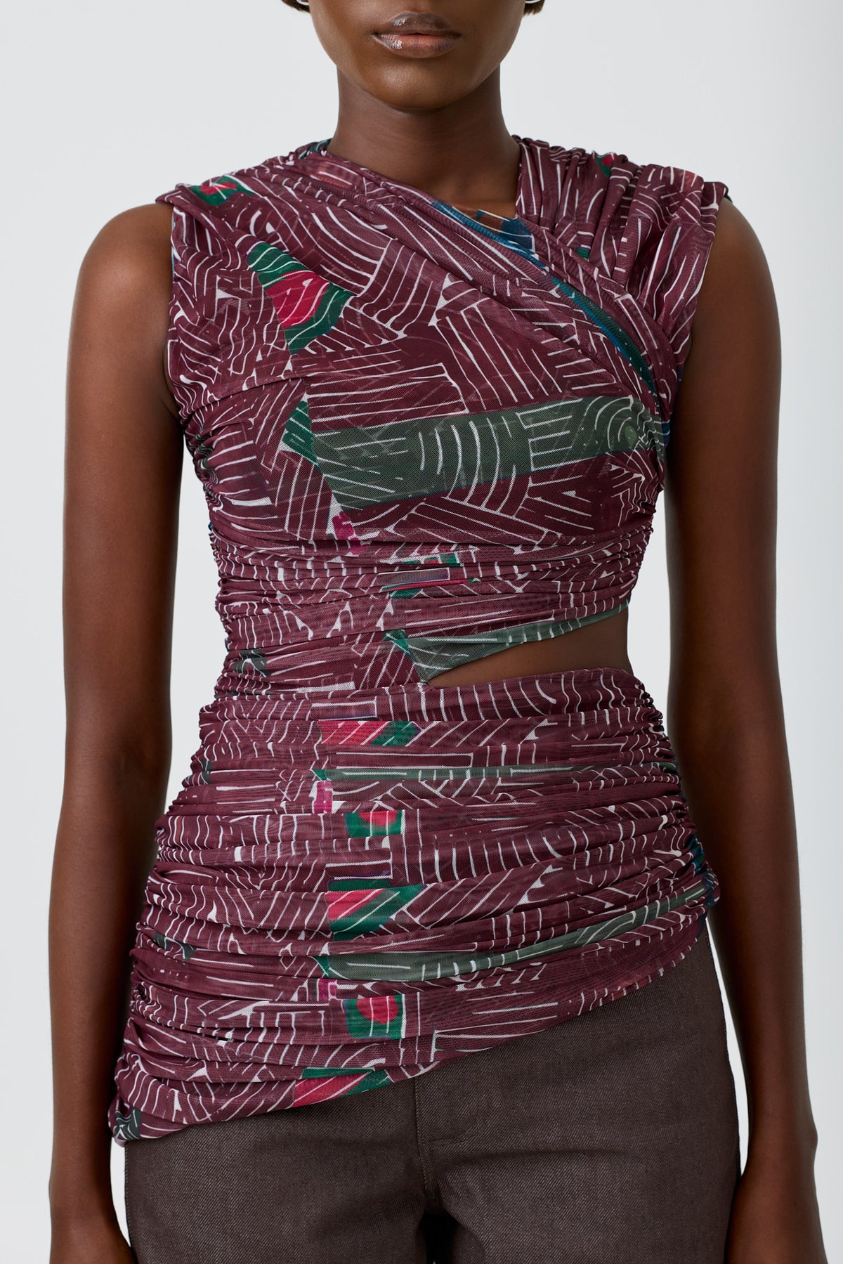 CARMEN short sleeve printed tulle ruched blouse with side cut-out detail