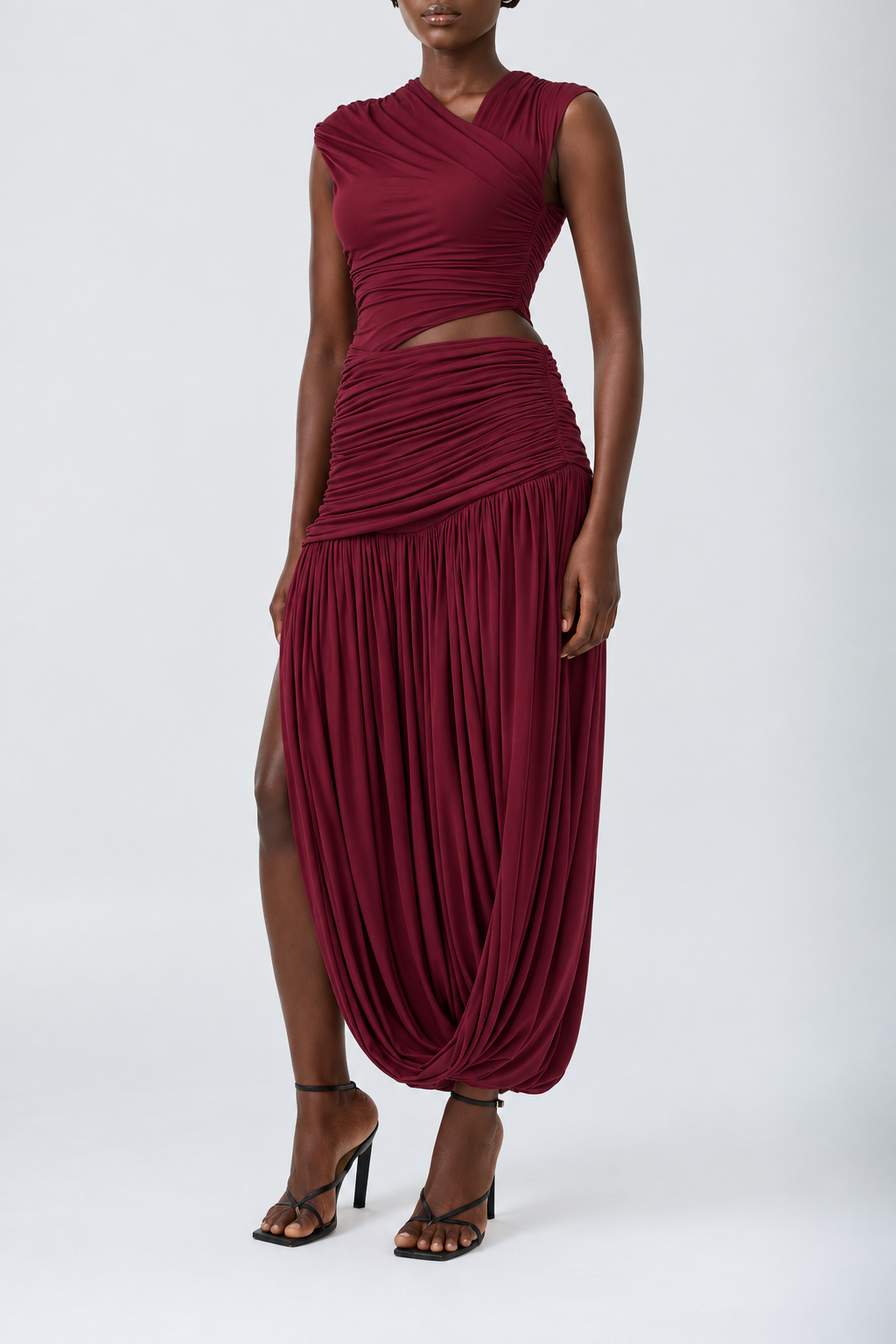 INES BURGUNDY ruched lyocell dress with a side cut-out waist and draped detail, alternate view