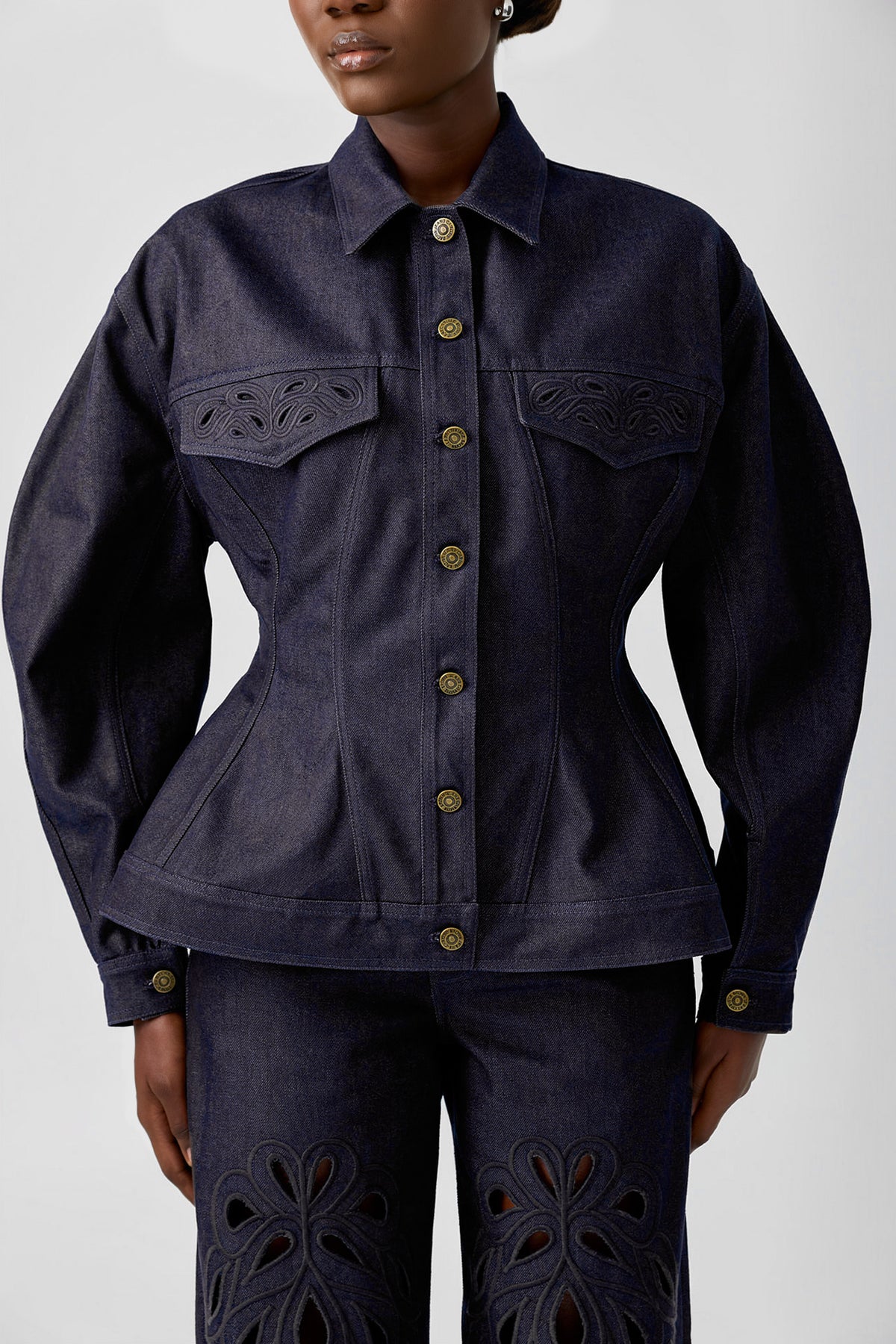 ARA BLUE long sleeve denim jacket with hand embroidered detail