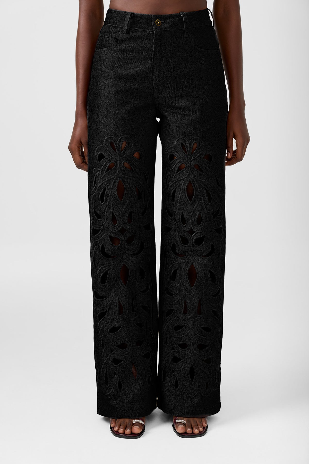 AYO BLACK straight leg pant with embroidery cut-out detail