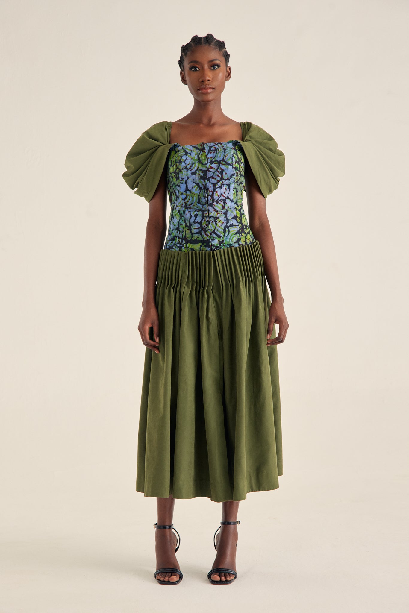 MIDI DROP WAIST DRESS WITH HAND EMBROIDERED DETAIL - GREEN