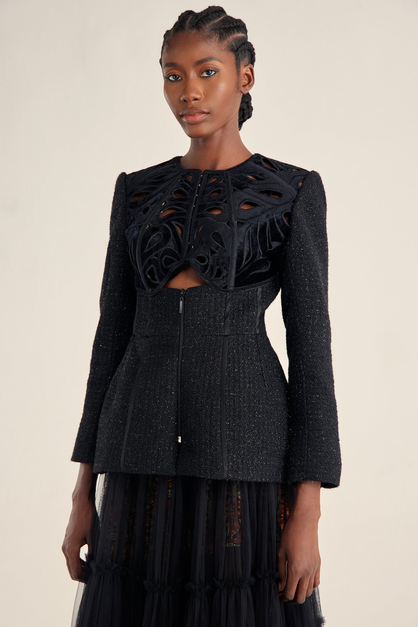 LONG SLEEVE PEPLUM JACKET WITH BUILT IN EMBROIDERED CAGE
